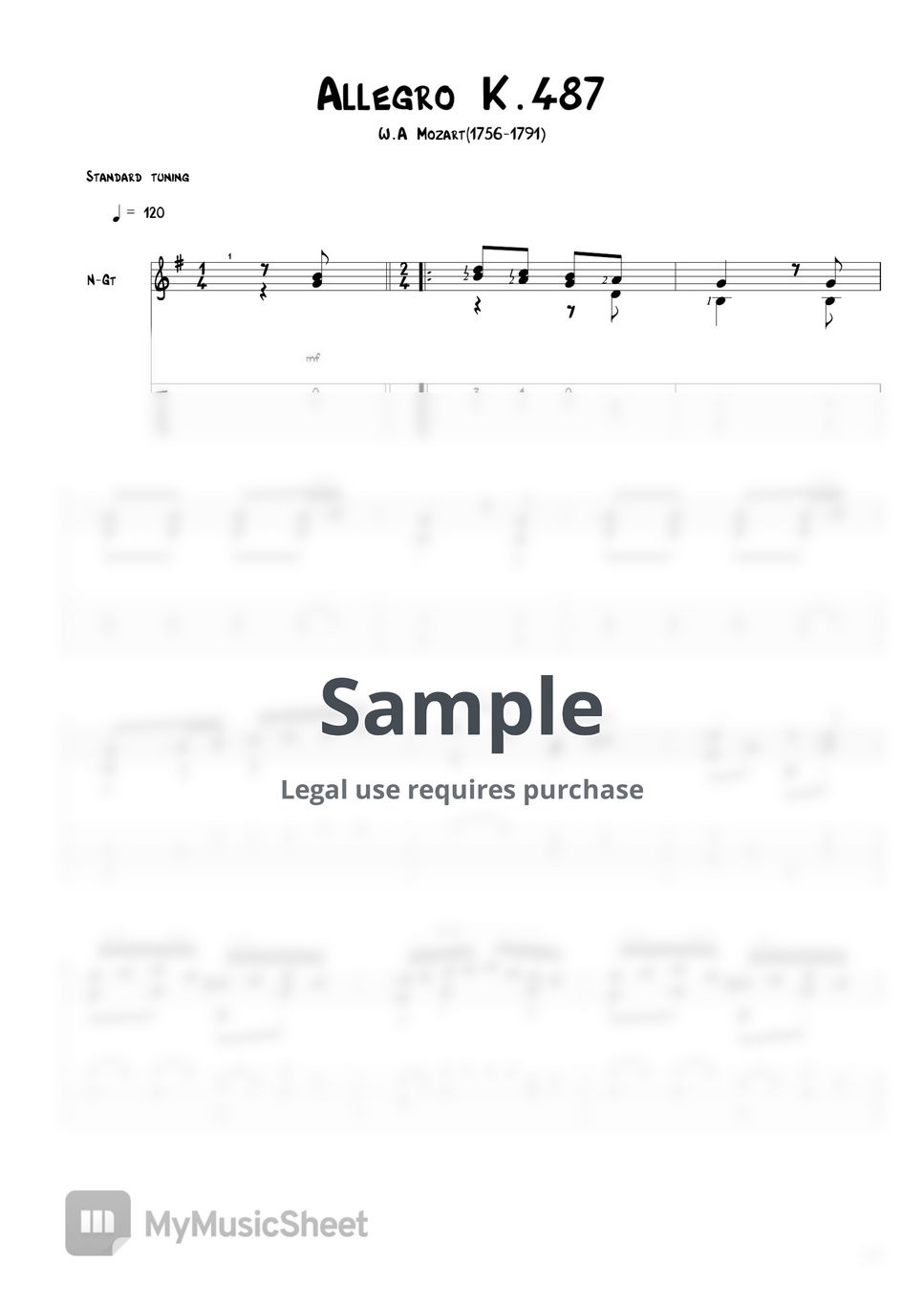W.A Mozart Allegro K.487 Tab + 1staff by Agape Guitar