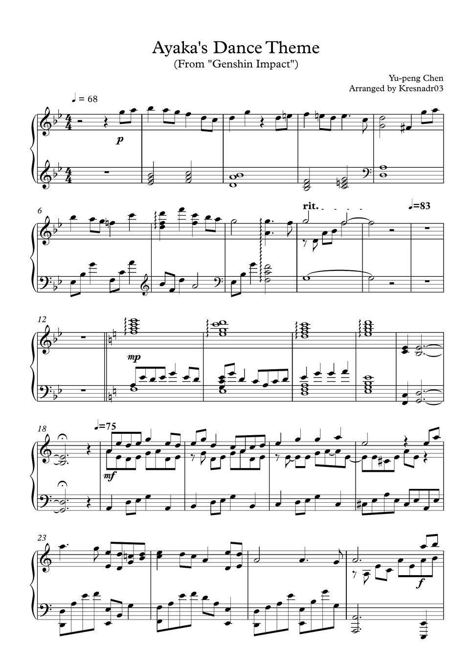 Yu peng chen ayaka s dance theme sheet by kresnadr03