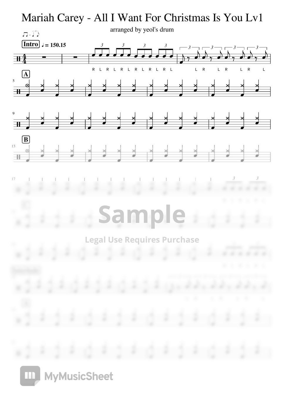 Mariah Carey All I Want For Christmas Is You (Lv1) Sheets by yeols drum