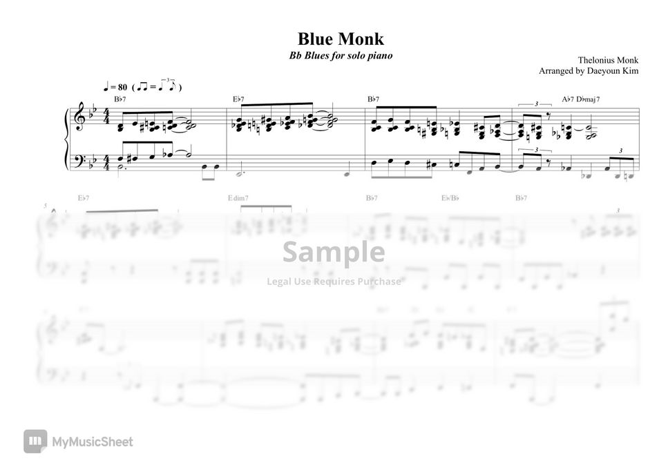 Thelonious Monk - Blue Monk (Bb Blues) Hoja By Daeyoun Kim