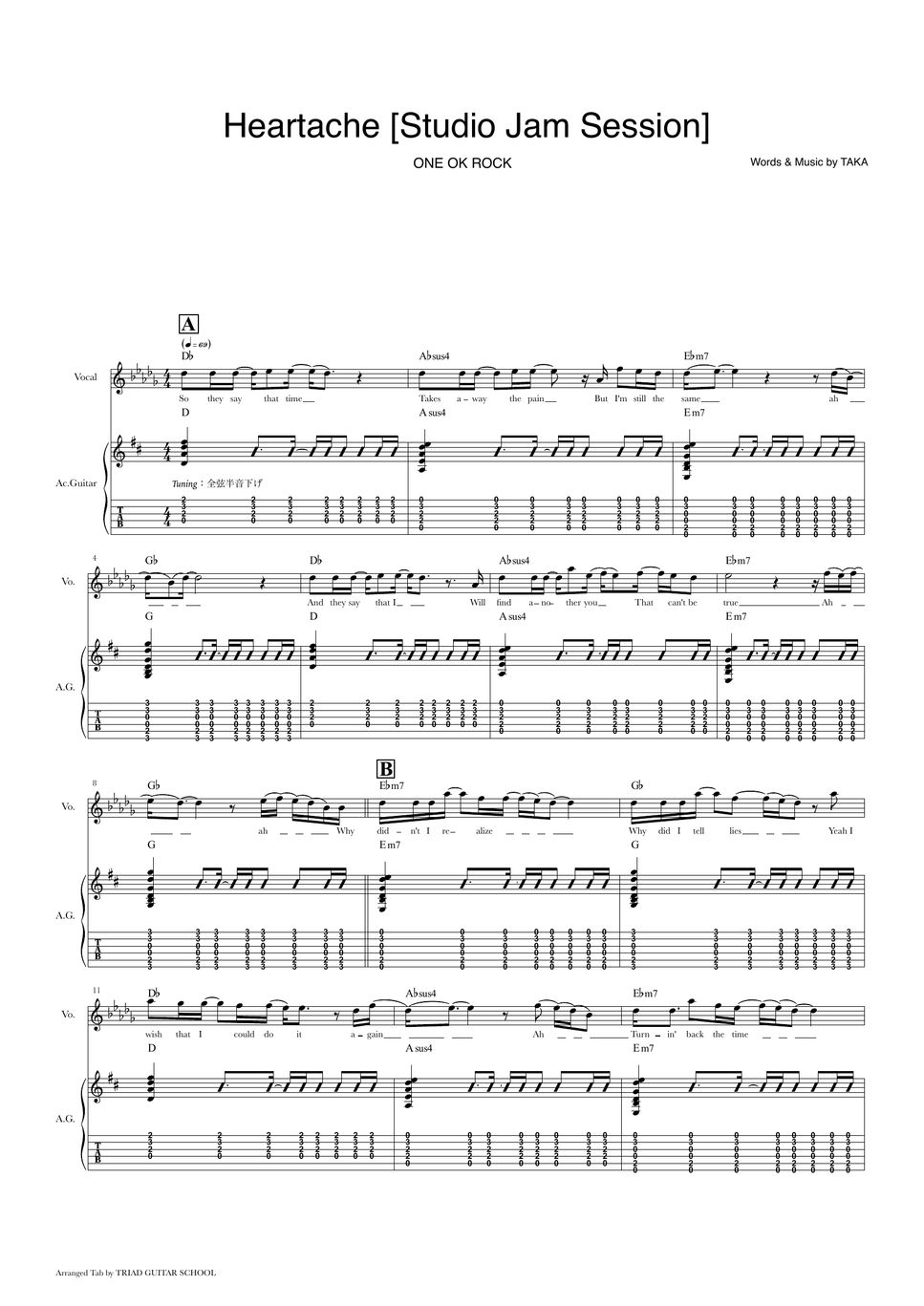 ONE OK ROCK - Heartache (ギタースコア・歌詞・コード付き) タブ + 五線譜 by TRIAD GUITAR SCHOOL