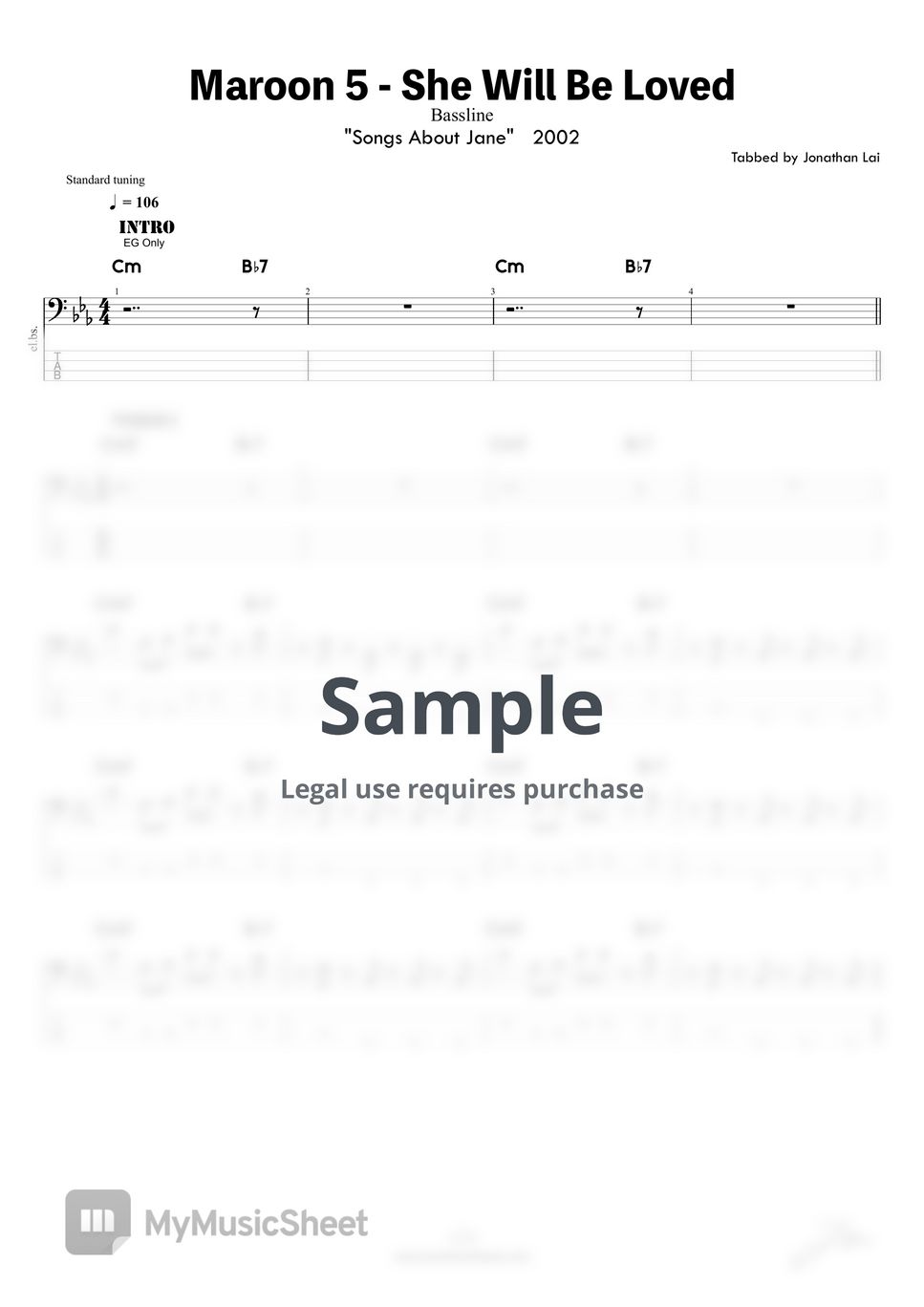 Maroon 5 - She Will Be Loved (Bass Guitar Score) Sheets by Jonathan Lai