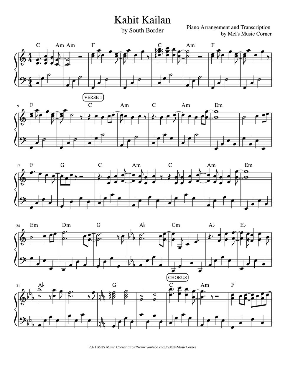 South Border - Kahit Kailan (piano sheet music) Sheets by Mel's Music ...