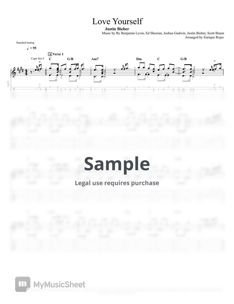 Justin Bieber Love Yourself (Solo Fingerstyle Guitar) Tab + 1staff by