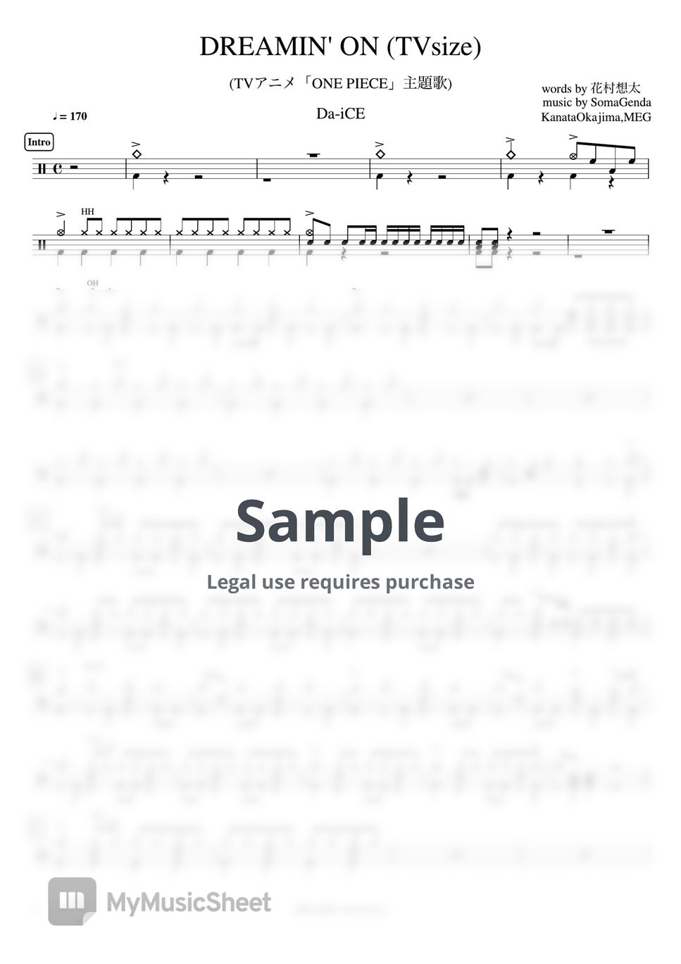 Da-iCE - DREAMIN' ON (TVsize)(TVアニメ「ONE PIECE」主題歌) by Cookai's J-pop Drum sheet music!!!