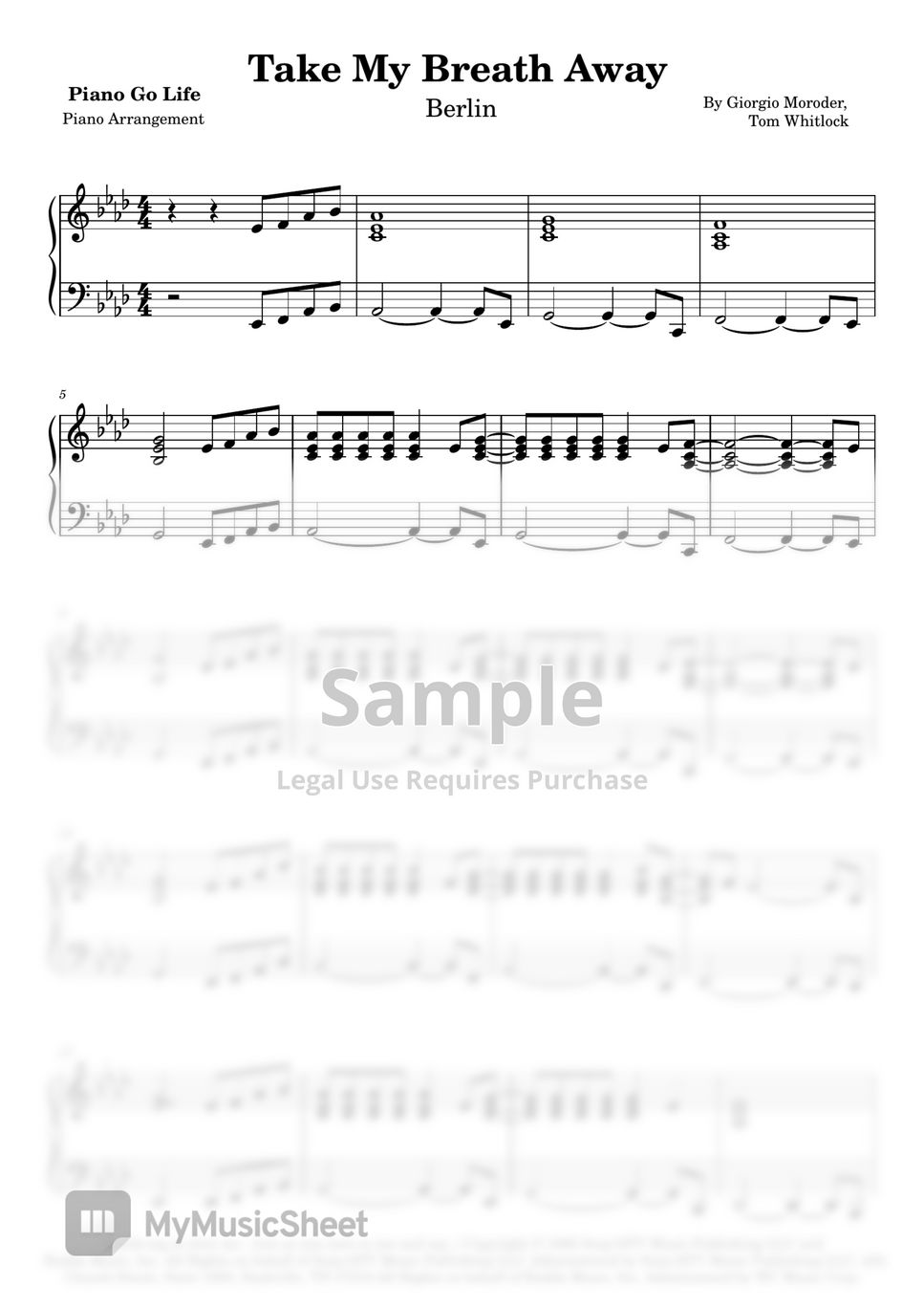 Berlin - Take My Breath Away Sheet by Piano Go Life