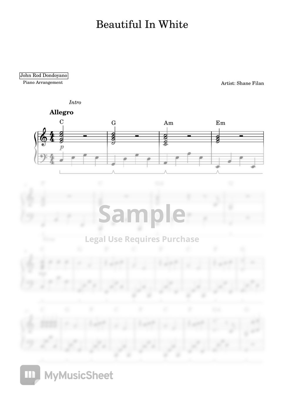 Shane Filan - Beautiful In White (PIANO SHEET) by John Rod Dondoyano