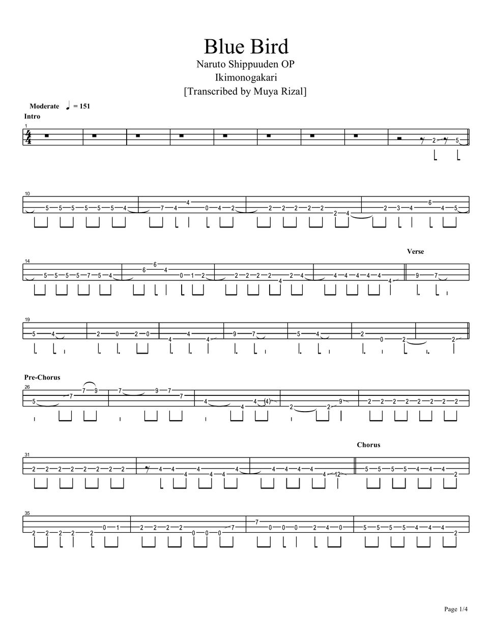 Ikimonogakari Blue Bird (Bass TAB) Лист by Muya Rizal