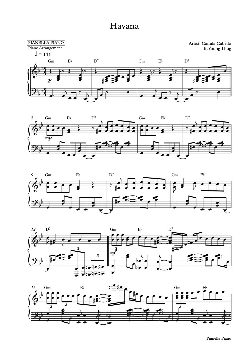 Camila Cabello Ft Young Thug HAVANA Piano Sheet Sheets By Pianella 