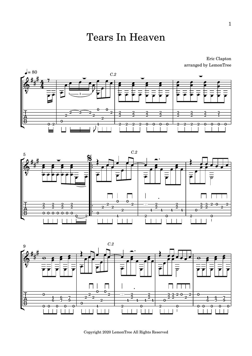 Eric Clapton Tears In Heaven (Fingerstyle) Tab + 1staff by LemonTree