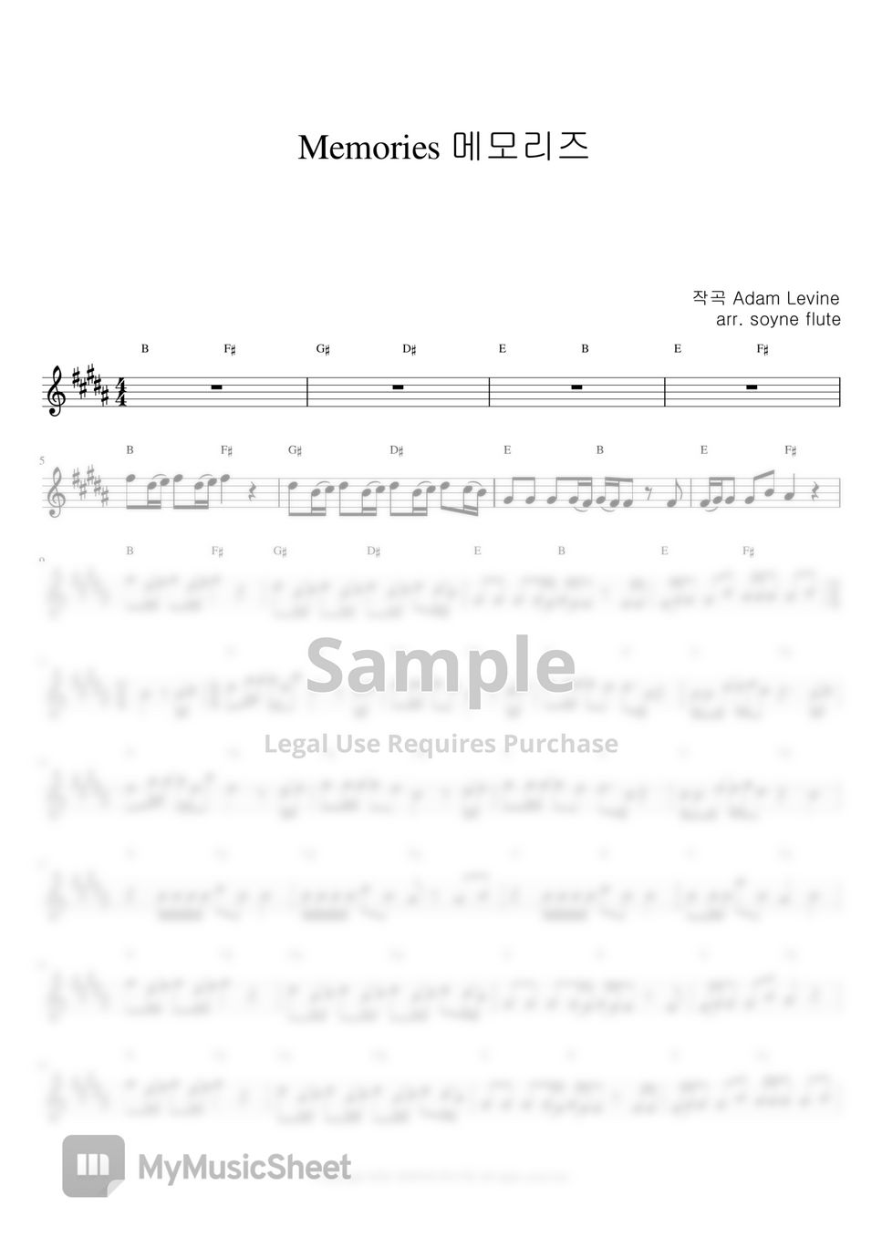 Maroon5(마룬 파이브) - Memories(메모리즈) 원키 B major (Flute Sheet Music) by SONYE FLUTE