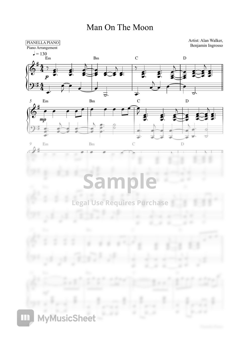 Alan Walker x Benjamin Ingrosso Man On The Moon (Piano Sheet) Sheets by Pianella Piano