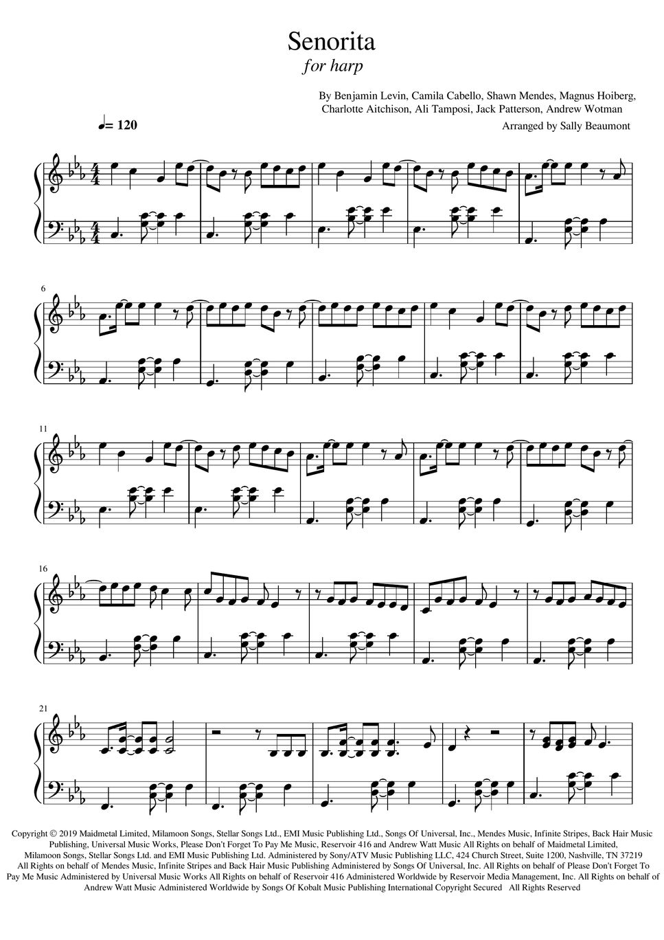 Camila Cabello and Shawn Mendes - Senorita (Harp) Sheets by Sally Beaumont