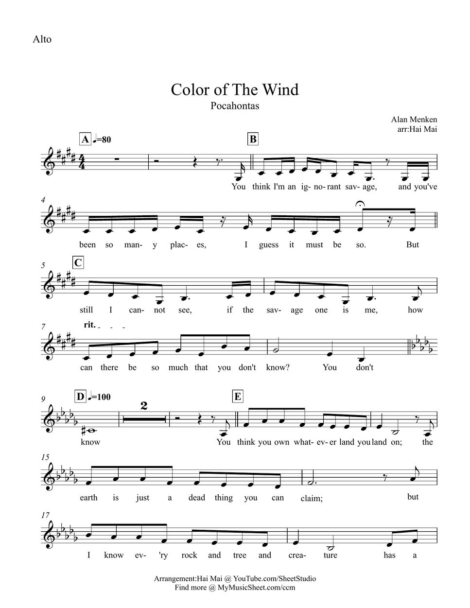 Alan Menken - Color of The Wind(Pocahontas) for Orchestra and Singer ...