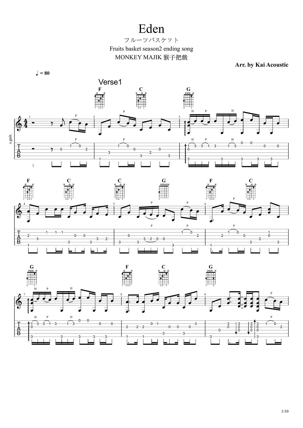 MONKEY MAJIK Eden Fruits basket season2 ending song Fingerstyle Guitar Tutorial TAB Sheet