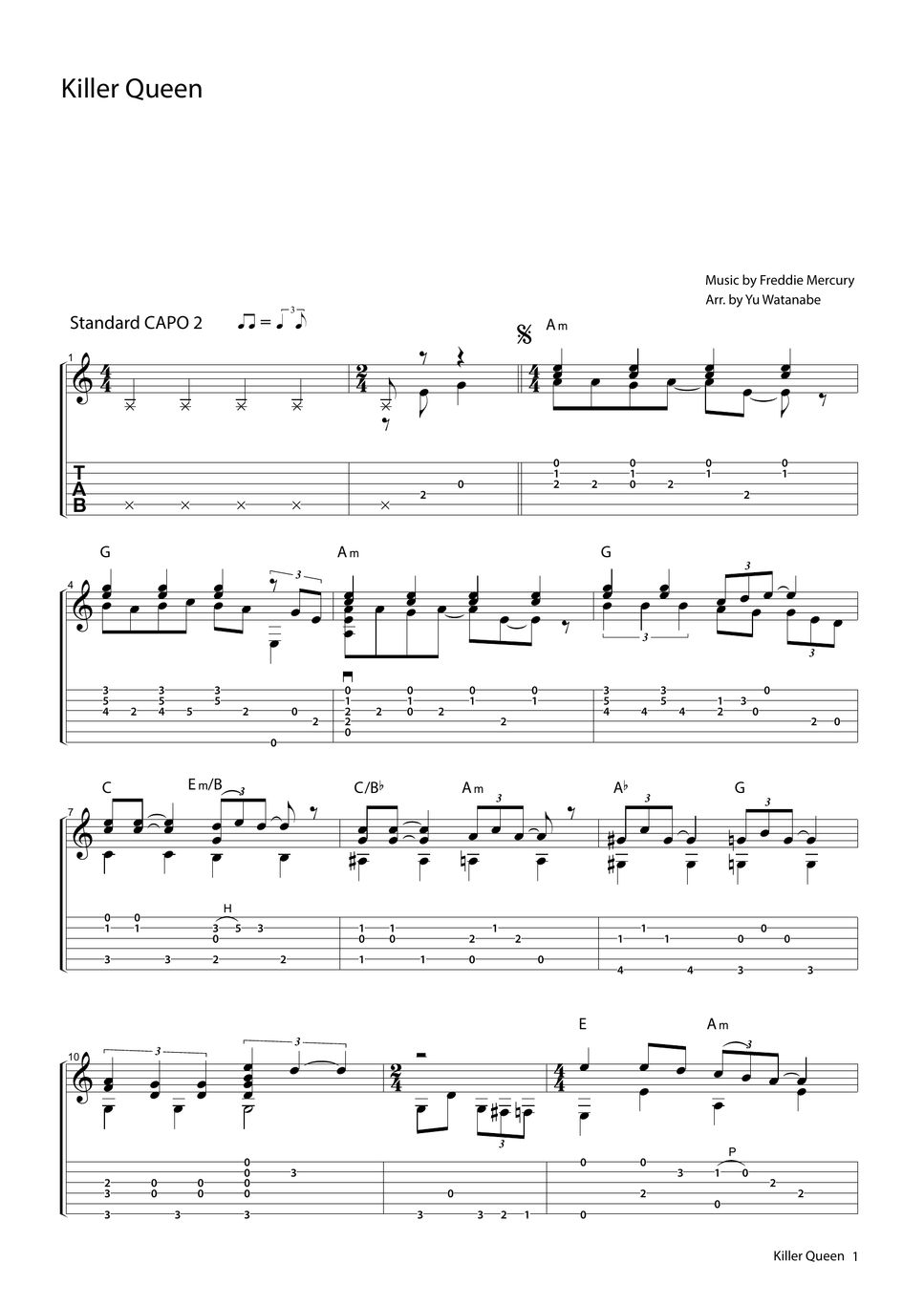 Queen Killer Queen タブ + 五線譜 by わたなべゆう