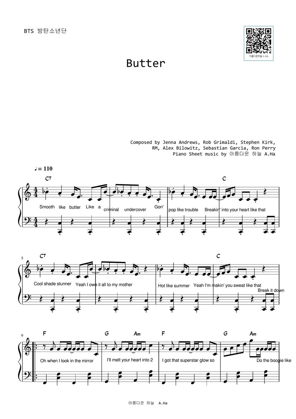 BTS(방탄소년단) Butter (C Key) Sheet by A.Ha