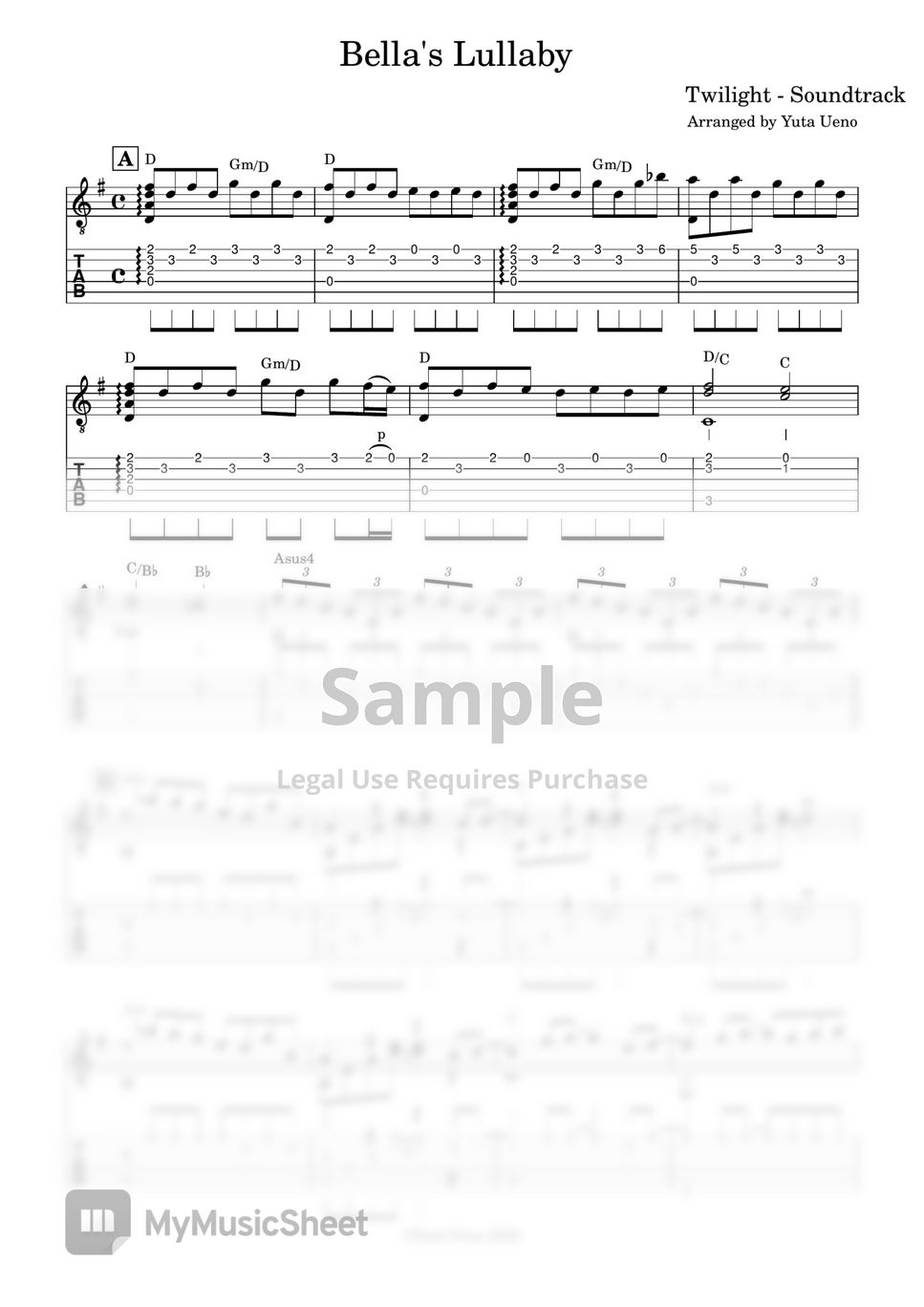 Carter Burwell Bella's Lullaby (Fingerstyle) Tab + 1staff by Yuta Ueno
