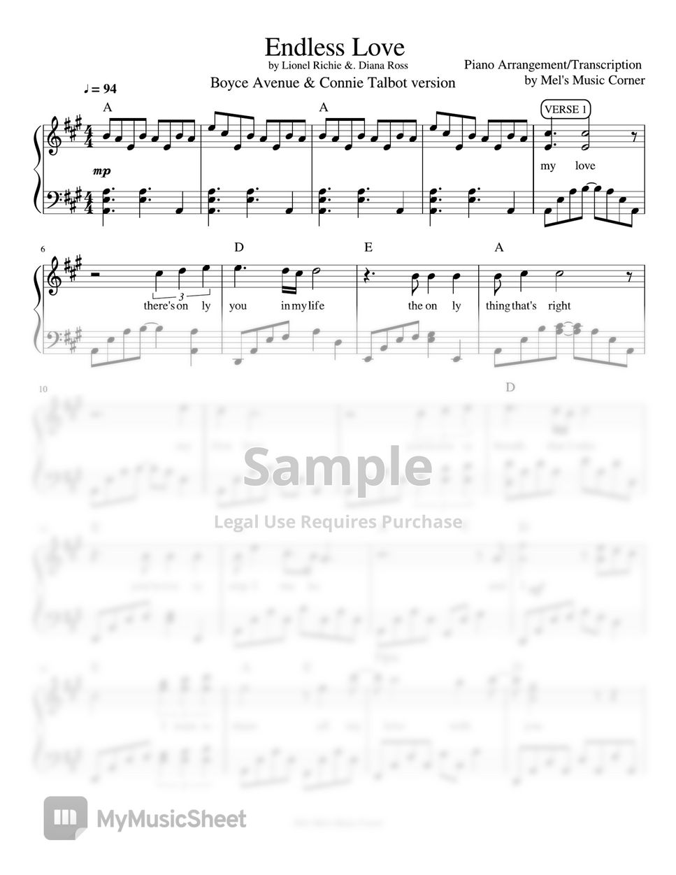 Lionel Richie & Diana Ross - Endless Love (piano sheet music) by Mel's Music Conrner