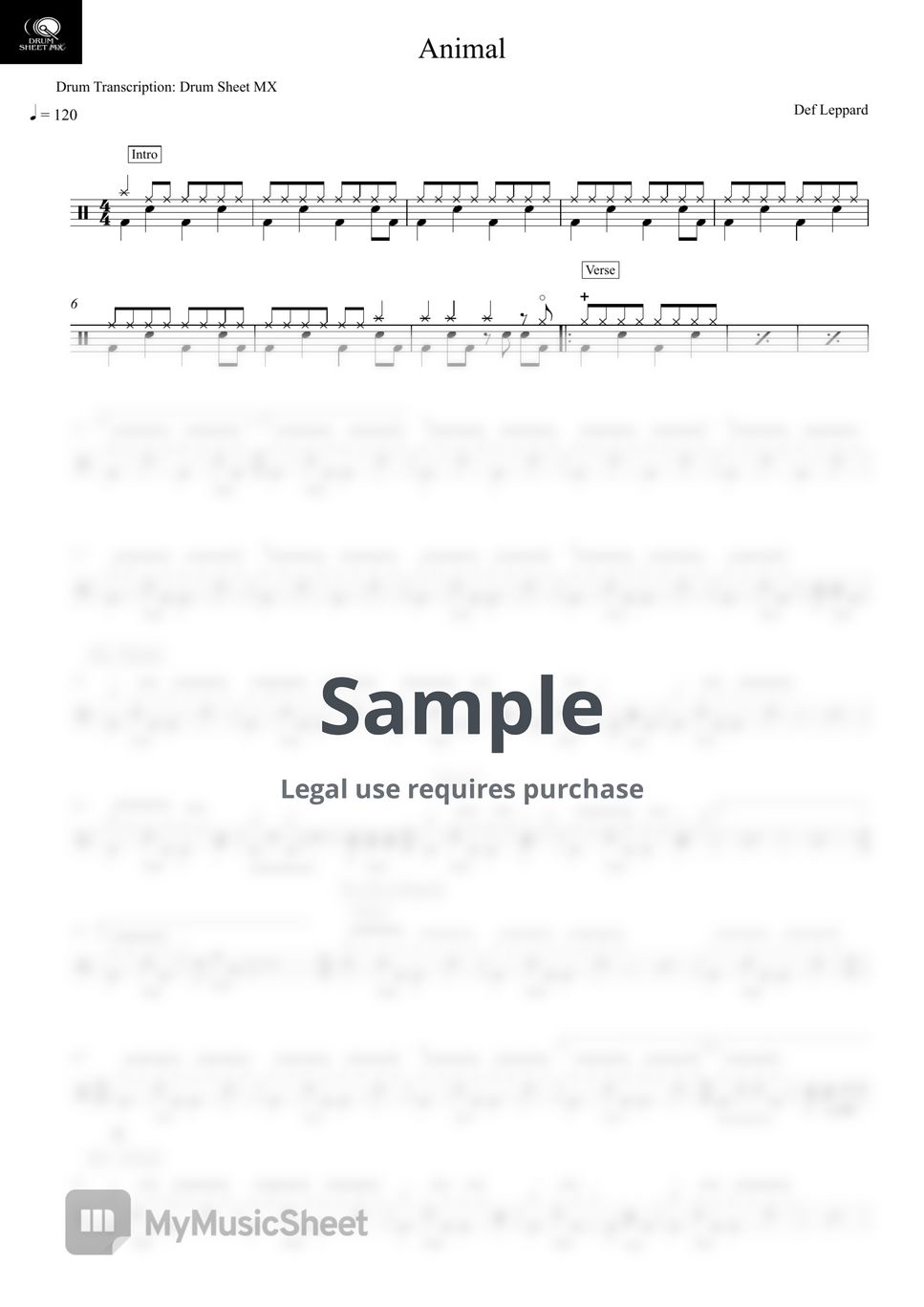 Def Leppard - Animal by Drum Transcription: Drum Sheet MX