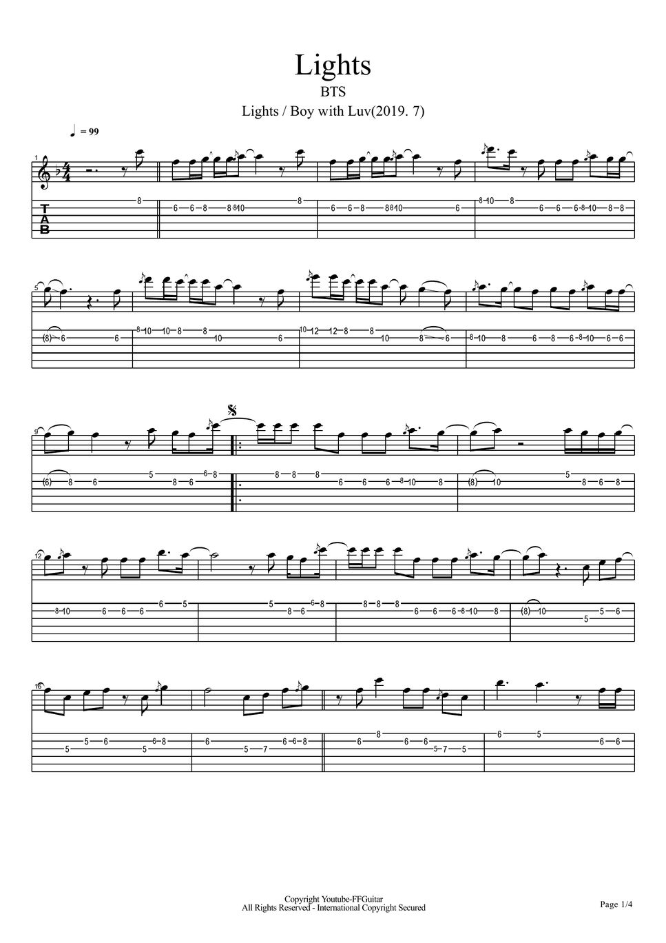 BTS Lights Guitar cover Sheets