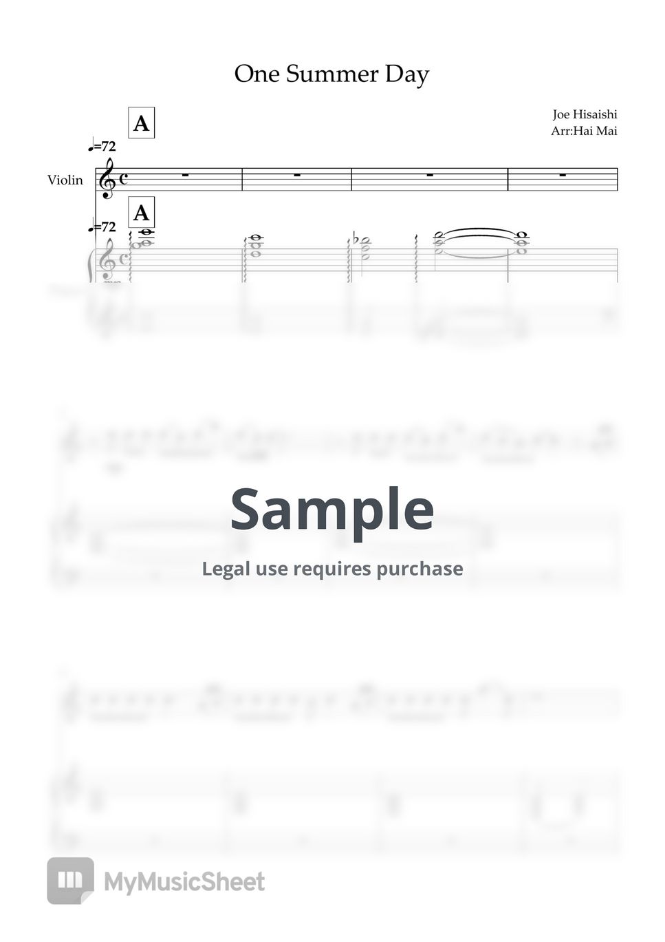 Joe Hisaishi - One Summer's Day for Violin solo and Piano accompaniment by Hai Mai