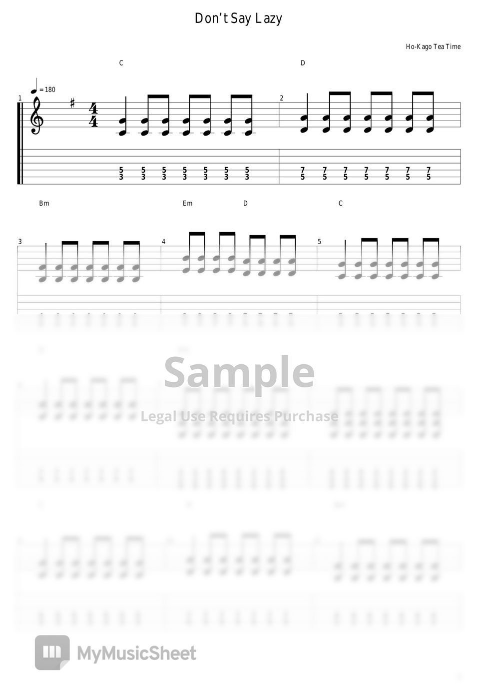 Ho-Kago Tea Time - Don't Say Lazy タブ+五線譜 by guitar