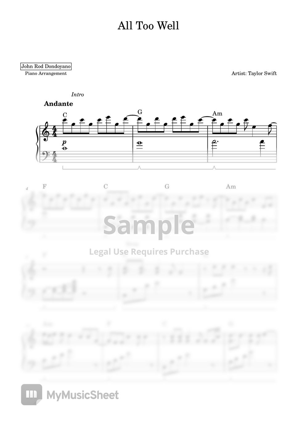 Taylor Swift - All Too Well (PIANO SHEET) by John Rod Dondoyano