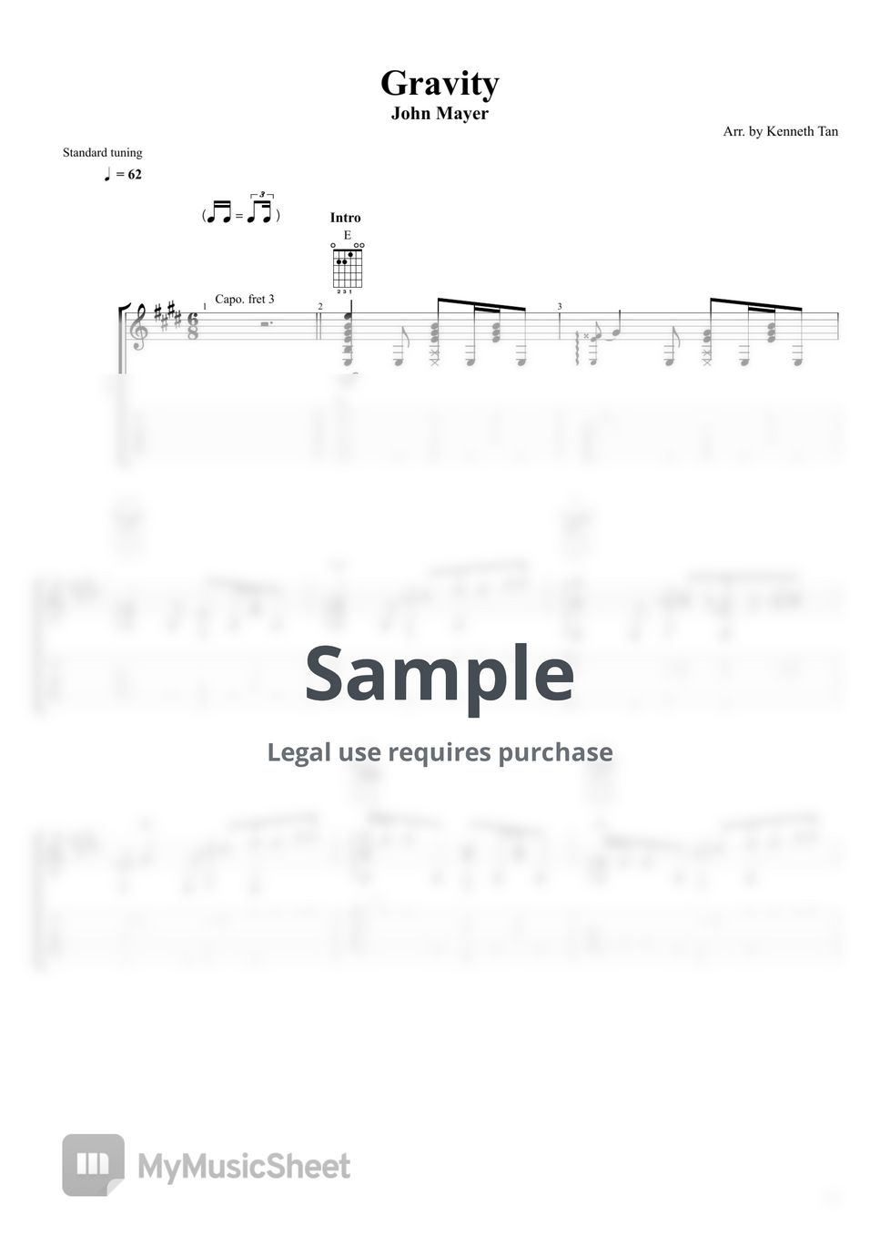 John Mayer Fingerstyle Guitar Gravity Sheets by Acoustic