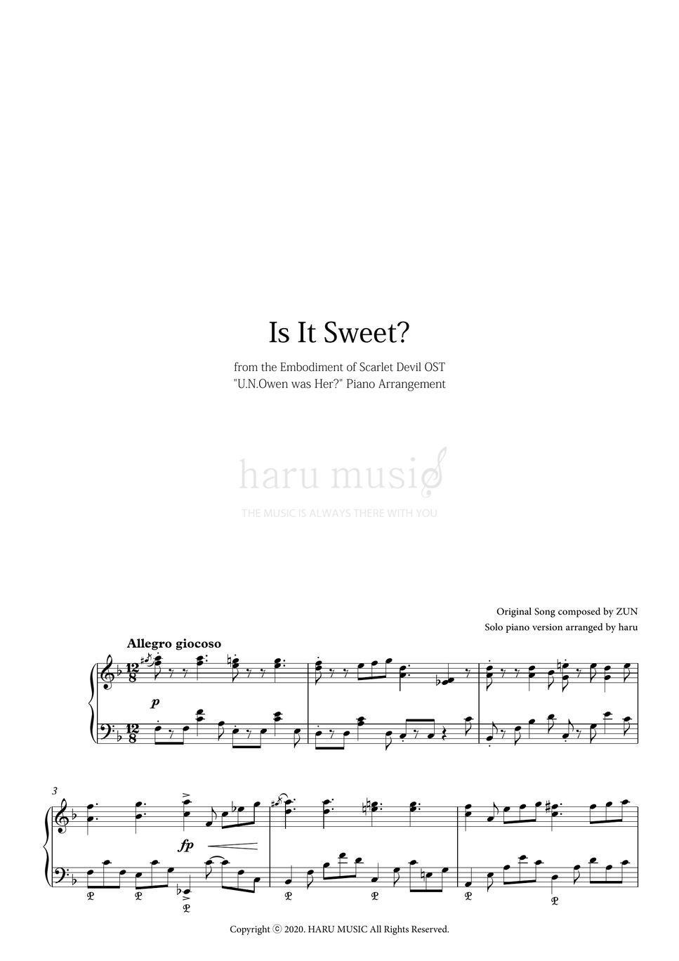 [Touhou] Is It Sweet? (U.N.Owen wan Her? Piano Arrangement) Sheets by
