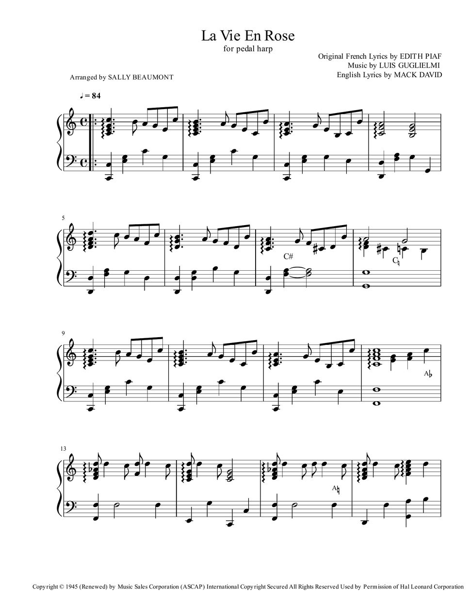 Edith Piaf La Vie En Rose (Pedal Harp) Sheets by Sally Beaumont