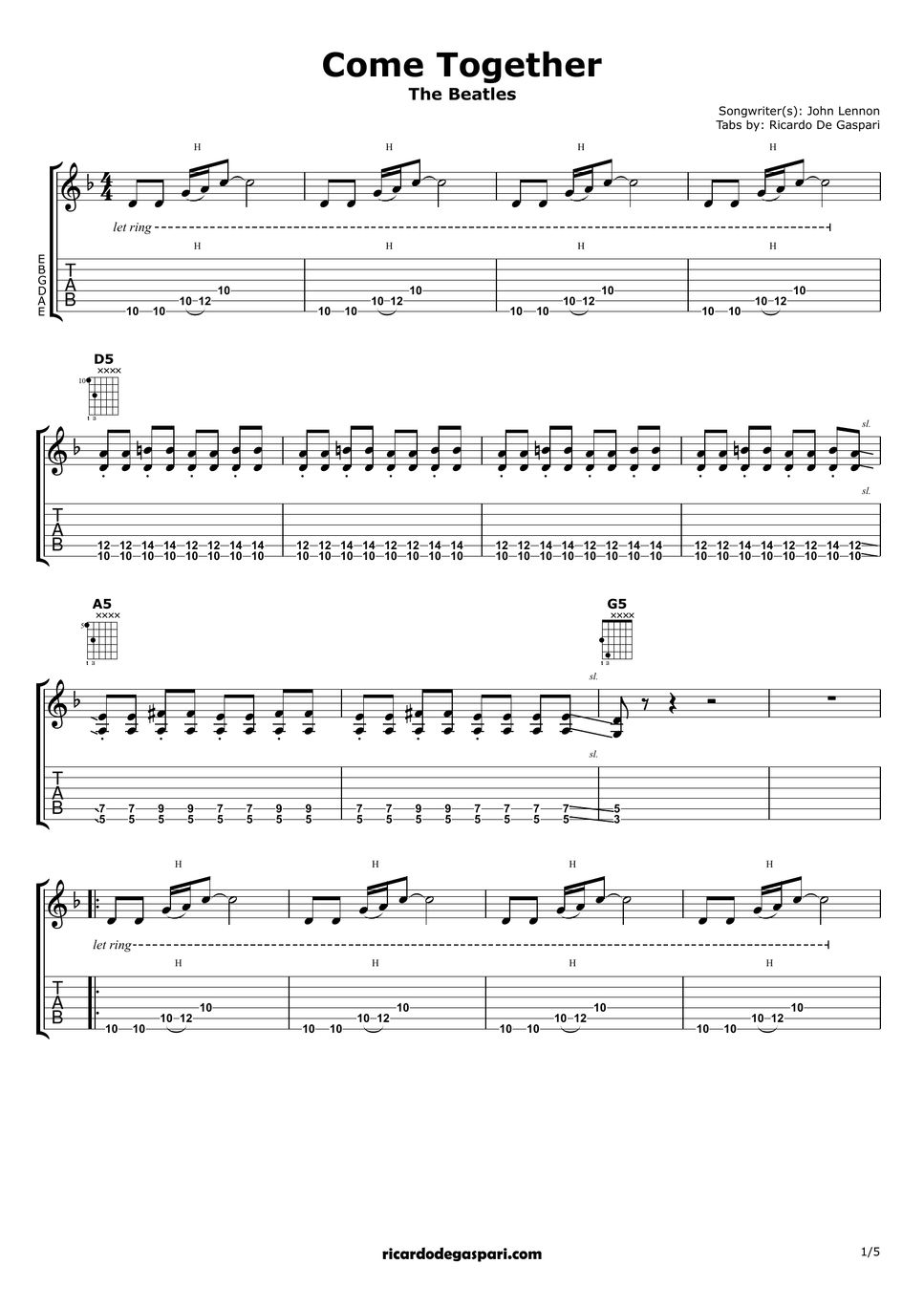 The Beatles Come Together (for one guitar) TAB by Ricardo De Gaspari