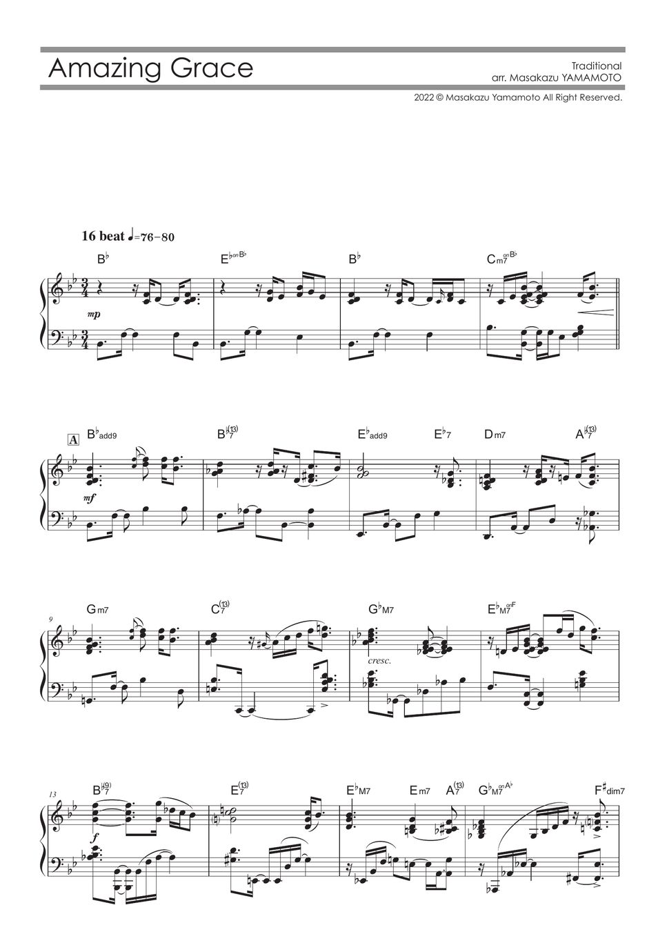 讃美歌 アメイジング・グレイス (ピアノ上級（16ビート）) 楽譜 by 山本雅一