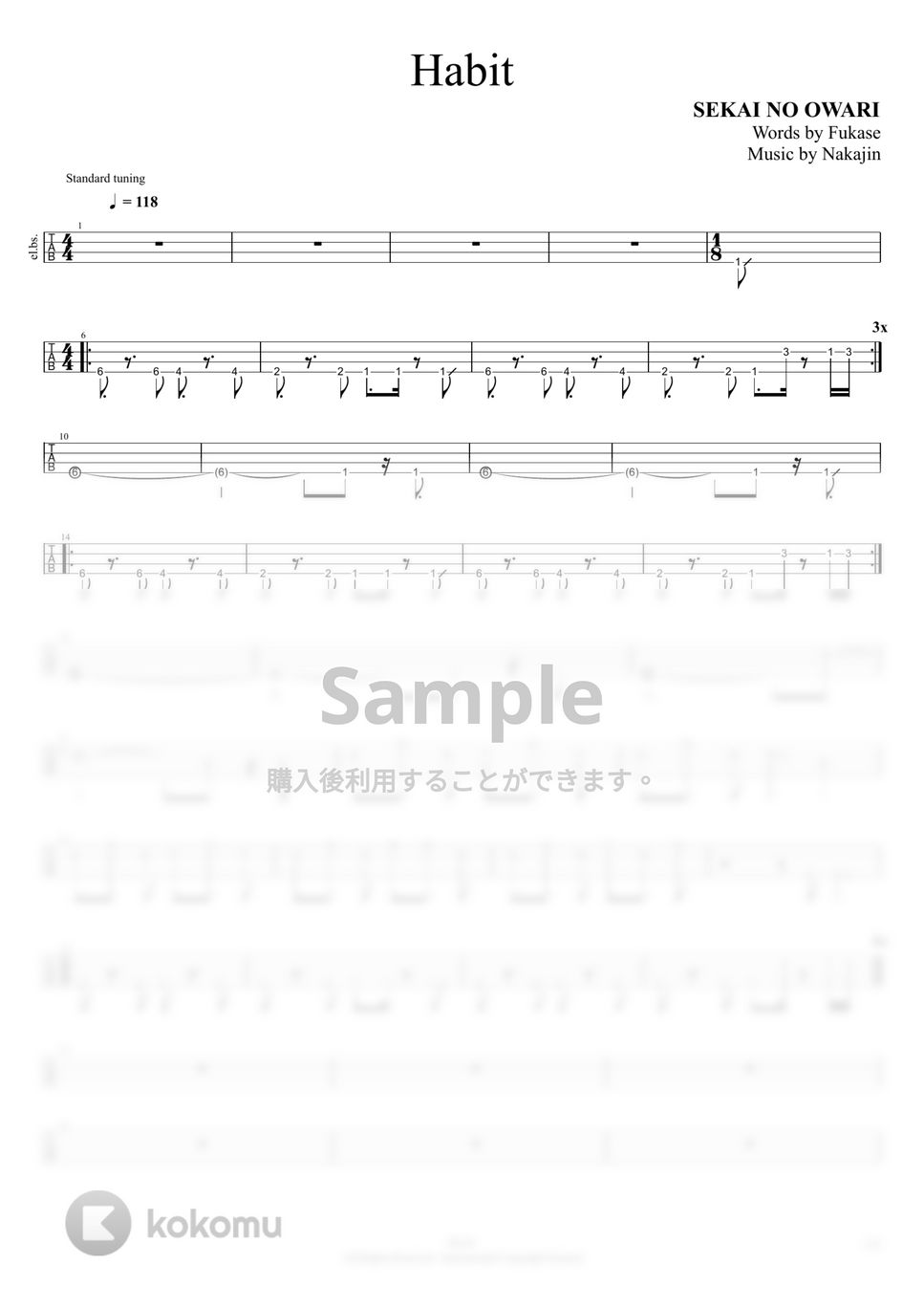 SEKAI NO OWARI - Habit (4弦ベースのTAB譜です。) by RiAN