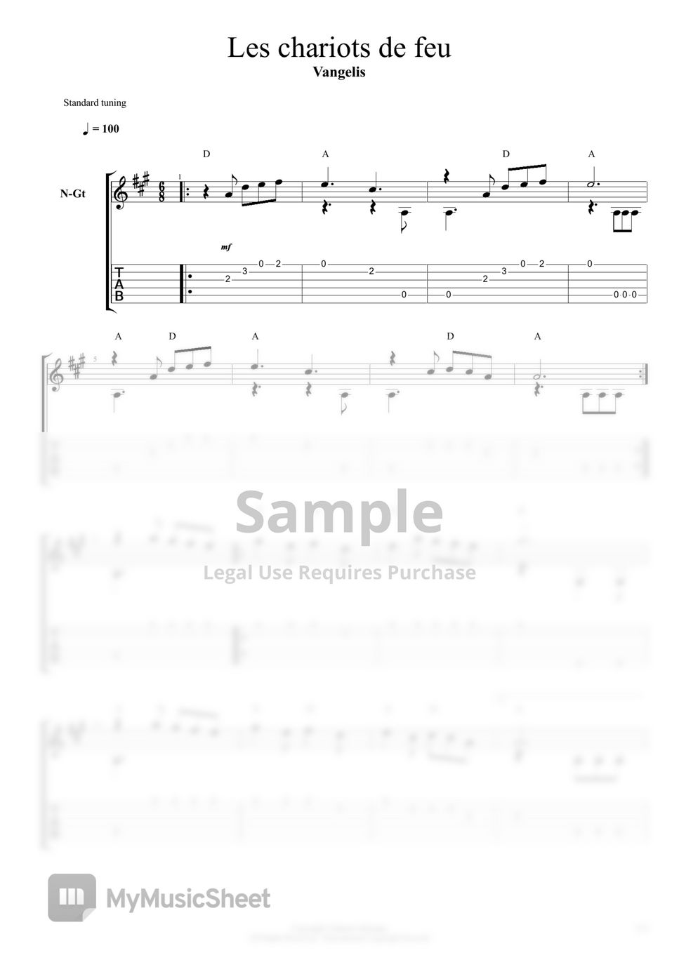 Vangelis - Les chariots de feu by Mélodie pour guitare en tablature et notes de musique + Accords