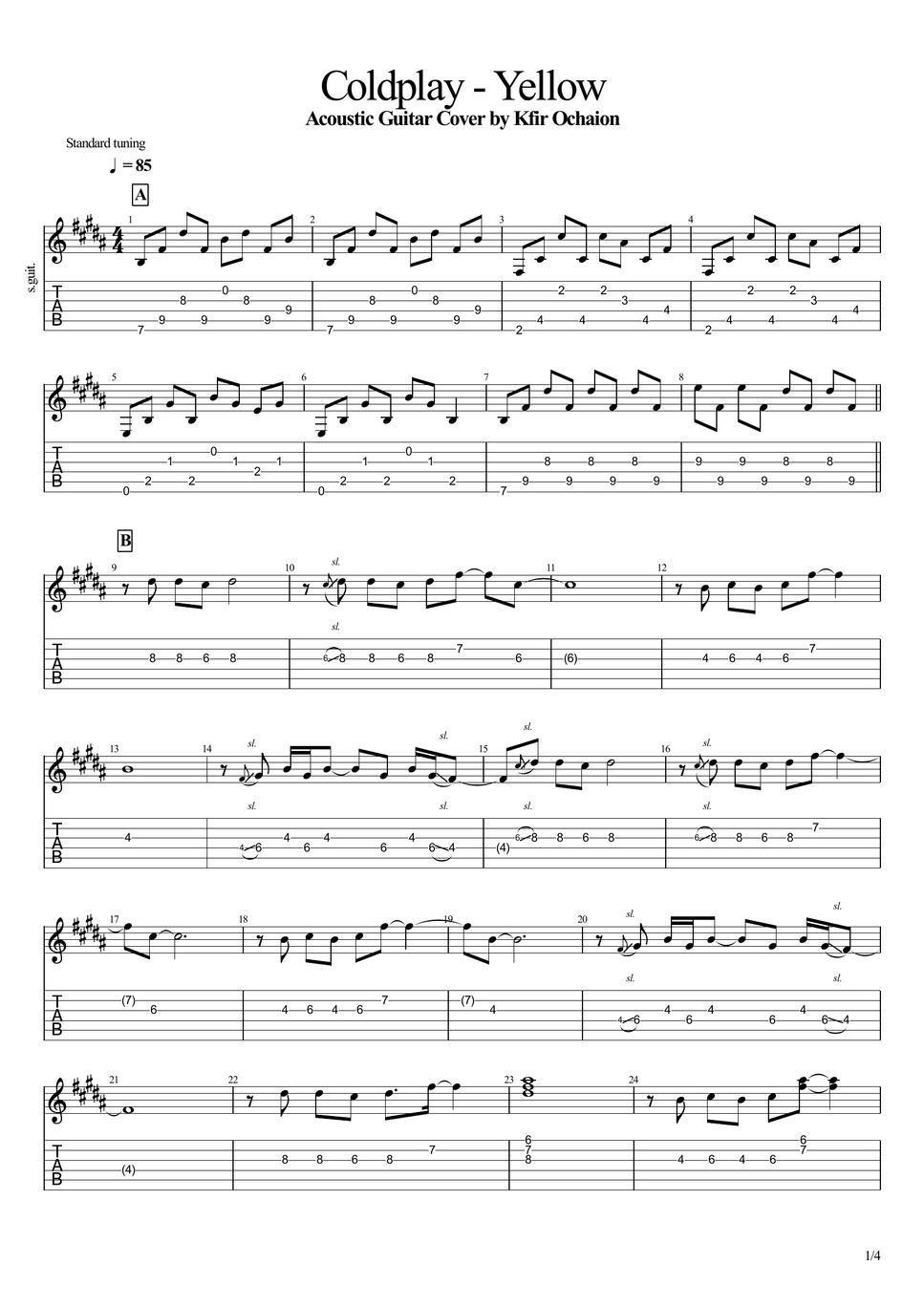 Coldplay Yellow Acoustic Sheet by Kfir Ochaion