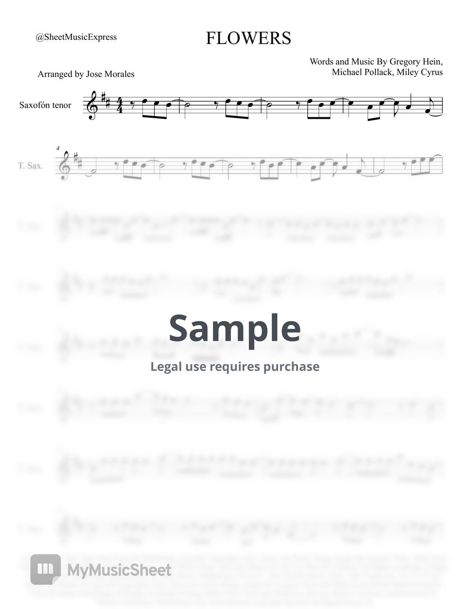 Miley Cyrus Flowers Miley Cyrus Tenor Sax (Pop) Sheets by Sheet