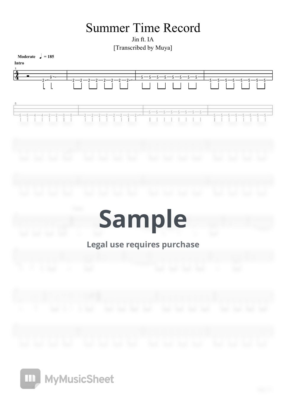 Jin - Summer Time Record (Bass TAB) Sheets by Muya