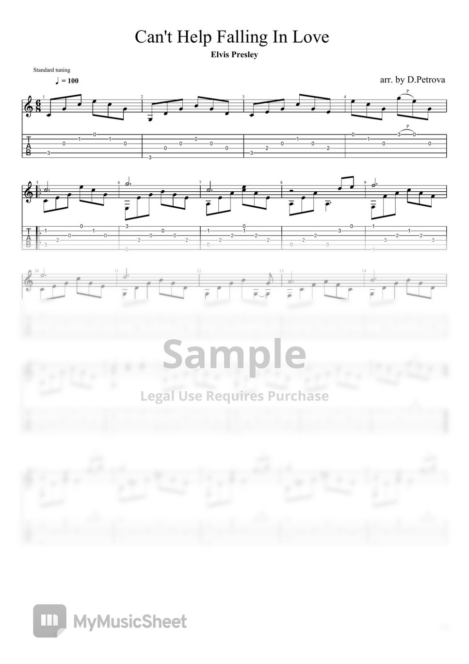 Elvis Presley - Can't Help Falling In Love (Fingerstyle Guitar Arrangement, Standard Tuning, No Capo) by D.Petrova (Edora)
