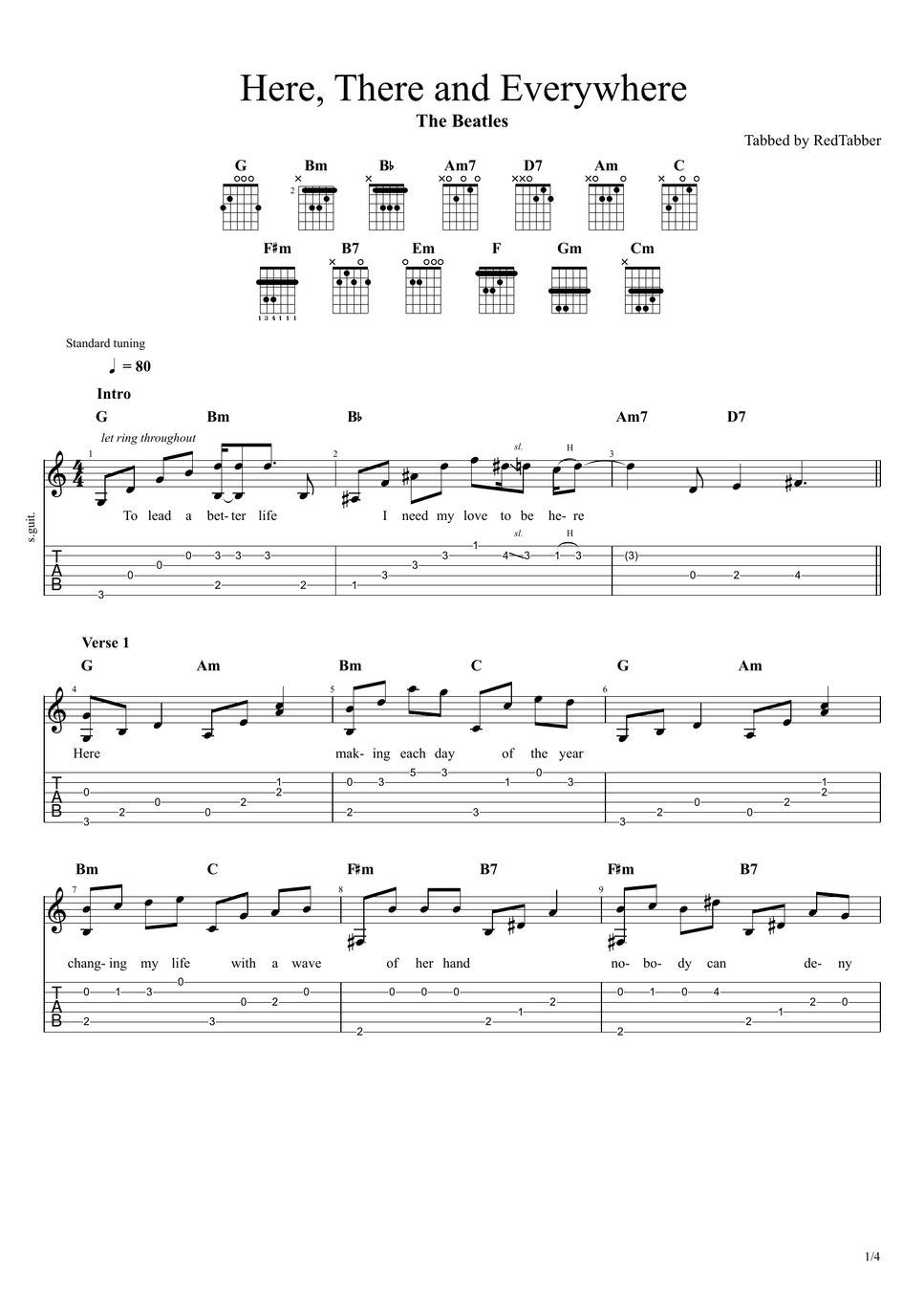 Here There And Everywhere Traduzione The Beatles - Here, There and Everywhere (Fingerstyle) 曲谱 by RedTabber