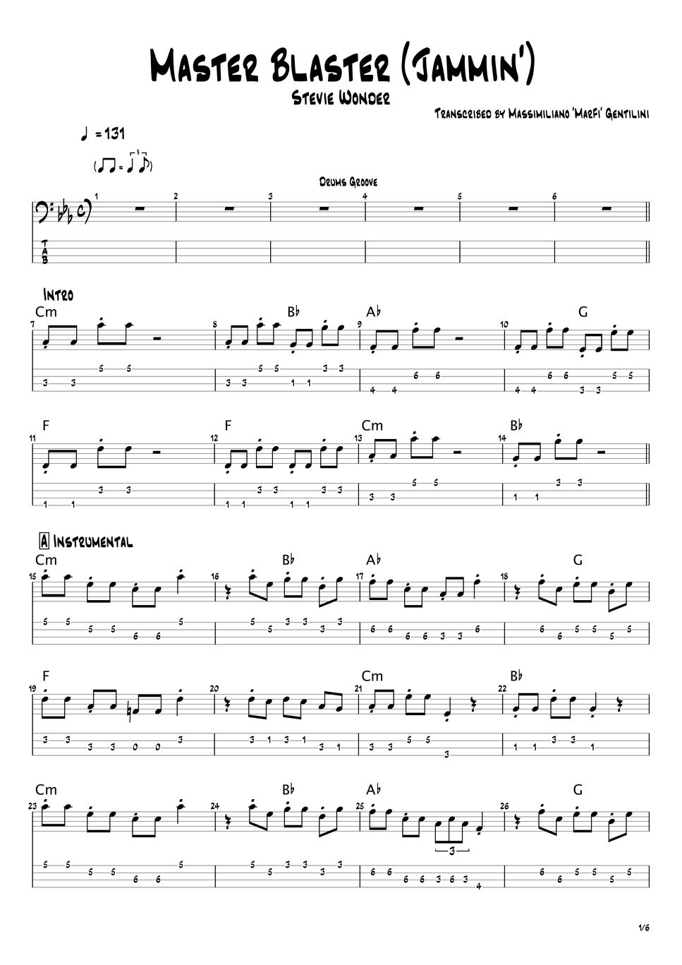 Stevie wonder master blaster jammin sheets by massimiliano gentilini