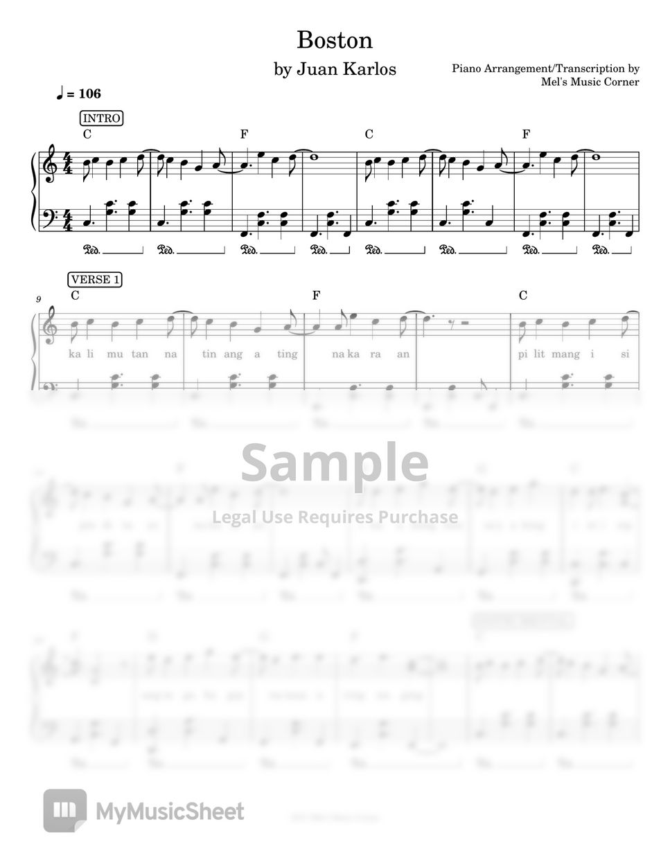 Juan Karlos - Boston (piano sheet music) Sheets by Mel's Music Corner