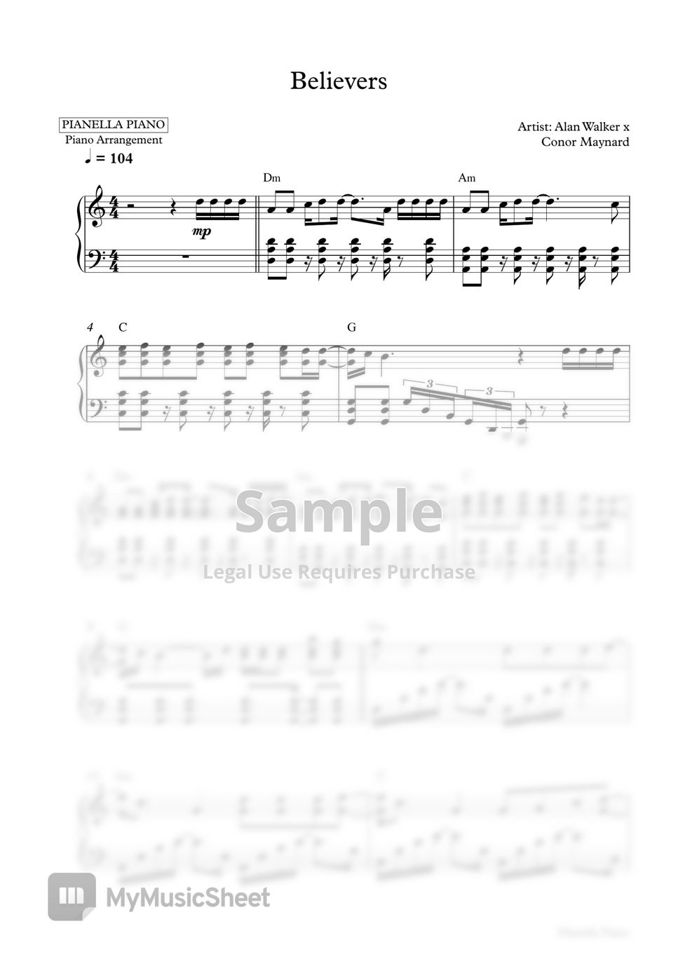 Alan Walker x Conor Maynard - Believers (2 Sheets: in Original Key B Major & Easier Key C Major) by Pianella Piano