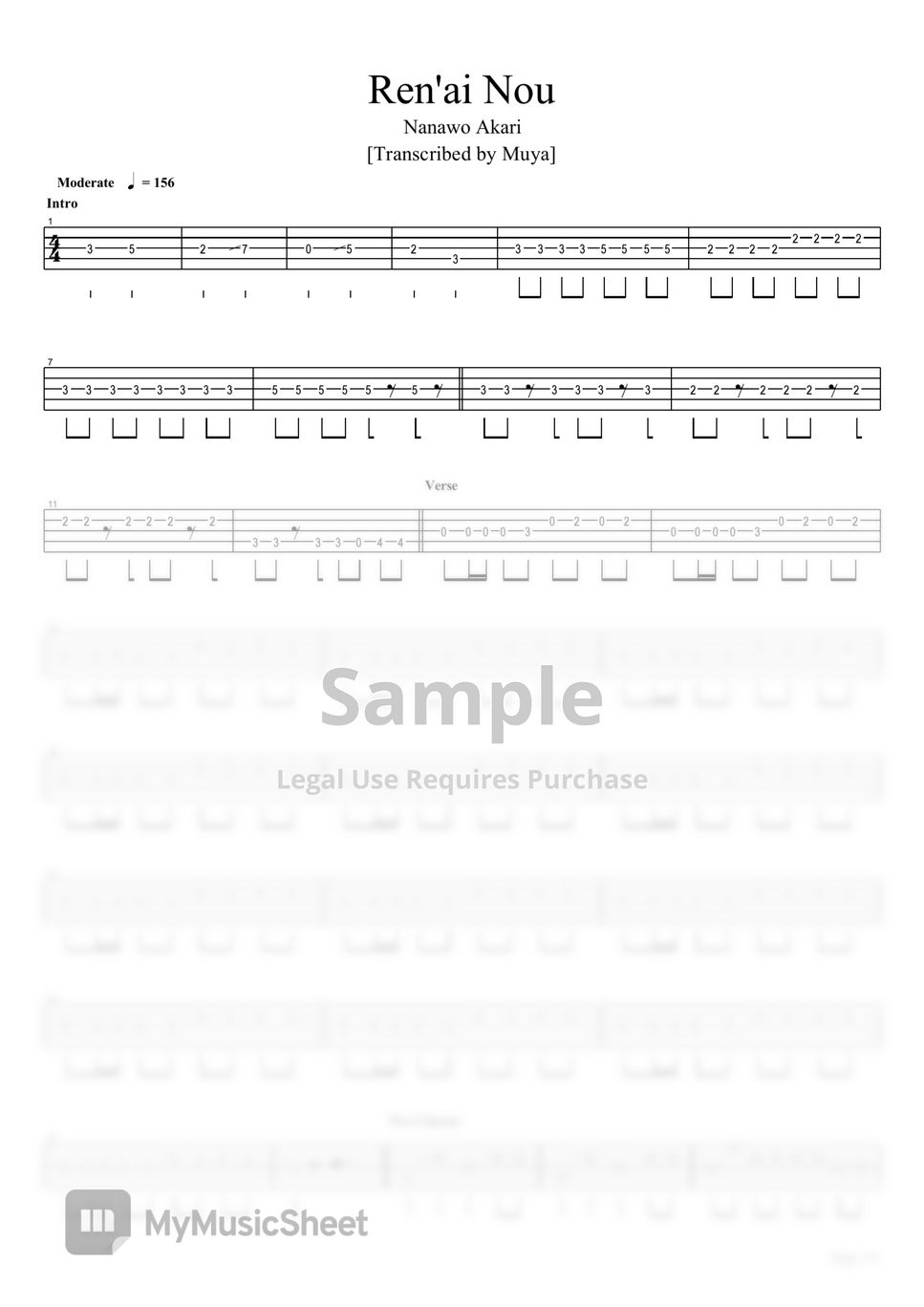 Nanawo Akari Renai Nou (Bass TAB) Sheets by Muya