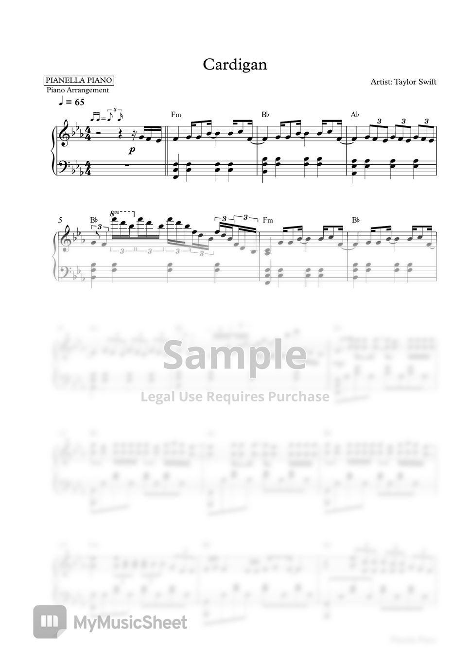 Taylor Swift - Cardigan (Piano Sheet) by Pianella Piano