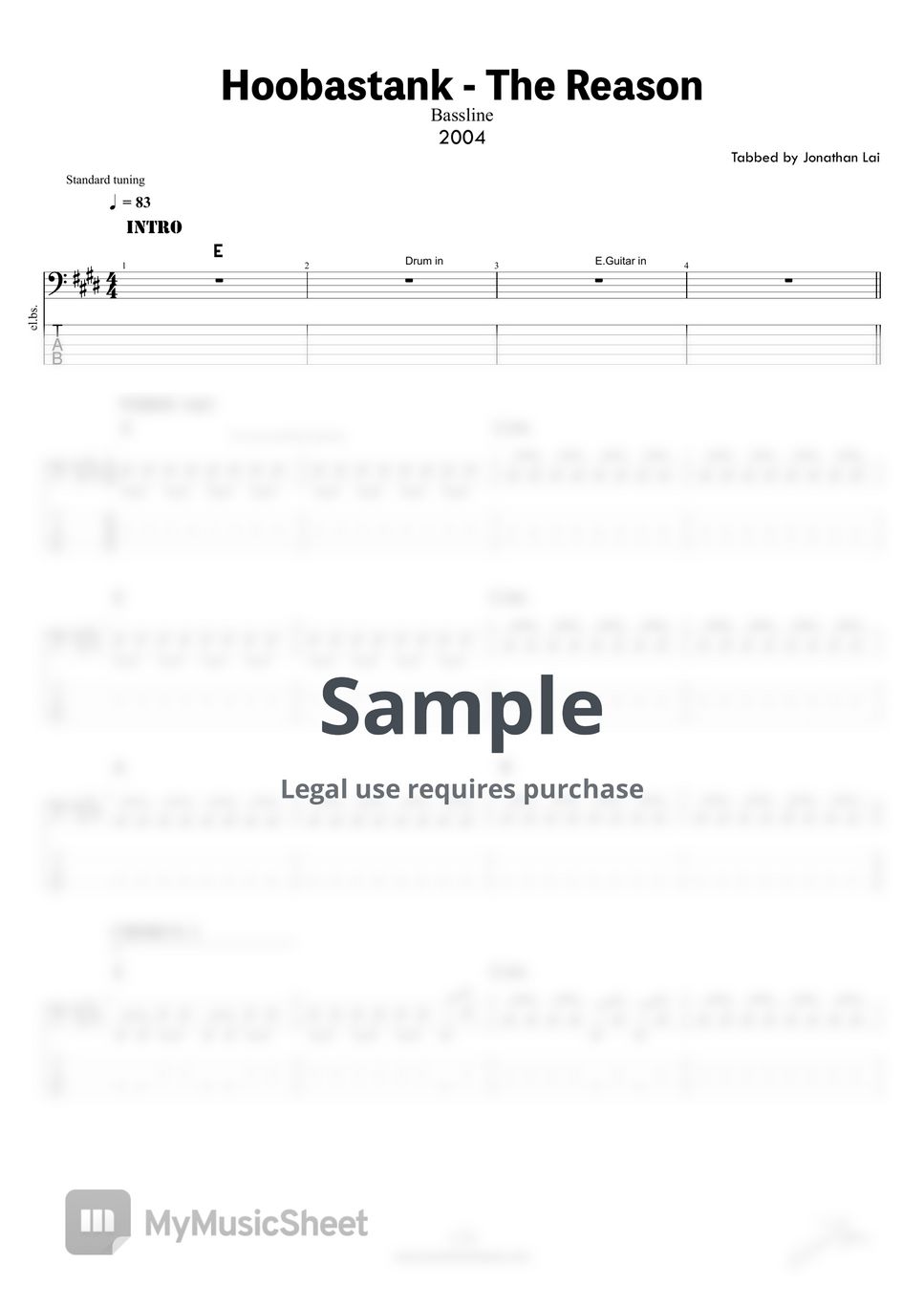 Hoobastank - The Reason (Bass Guitar Score) Sheets by Jonathan Lai