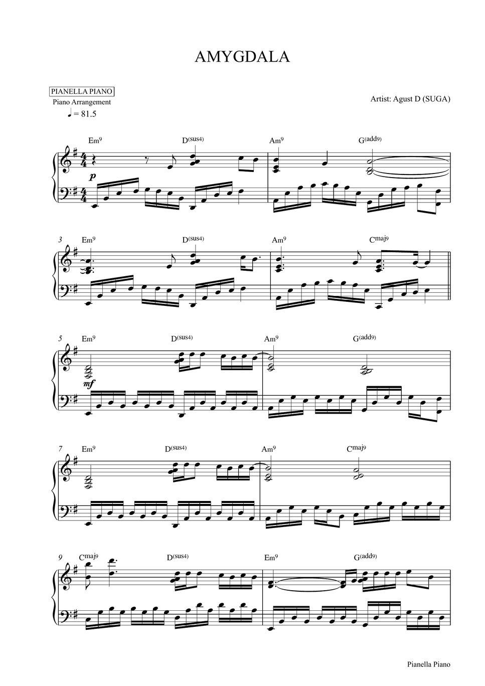 Agust D (SUGA) - AMYGDALA (Piano Sheet) Partition Musicale By Pianella ...