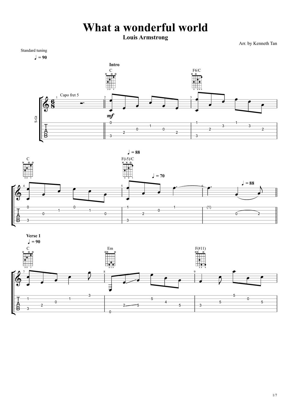 Louis Armstrong Fingerstyle Guitar What A Wonderful World TAB by