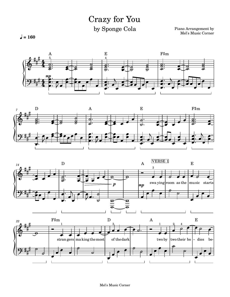 Madonna Crazy for You Sponge Cola version (piano sheet music