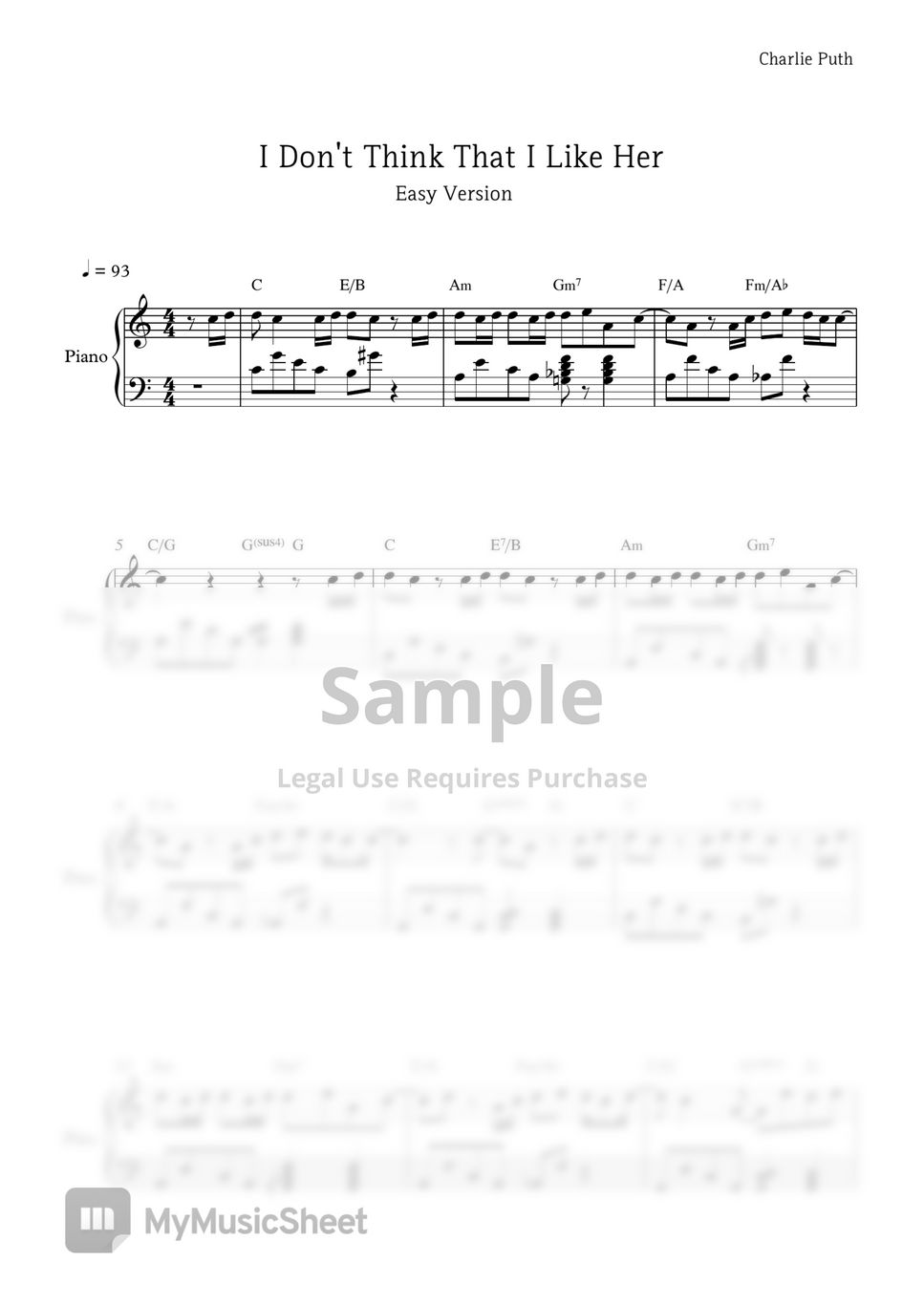 Charlie Puth I Don t Think That I Like Her easy Ver By PIANOiNU
